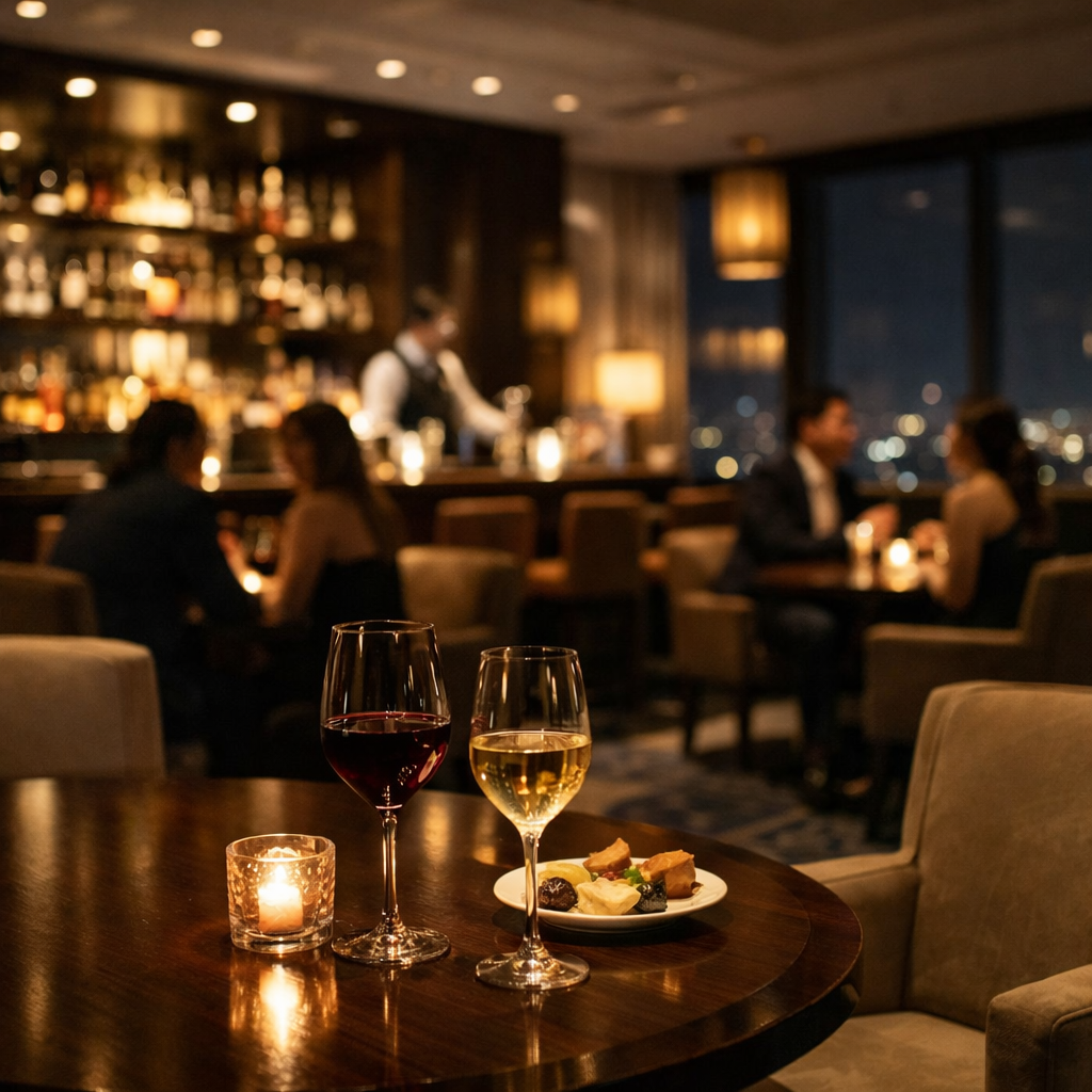 夜景が見える上質なラウンジ空間で大人が穏やかに過ごすイメージ