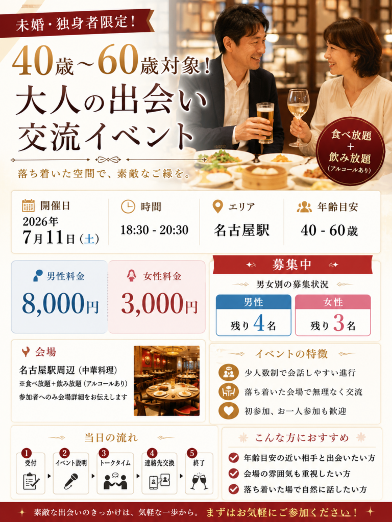 未婚・独身者限定！大人の交流会（10名～16名）